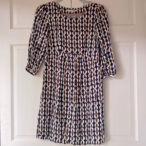 Boden US 2/UK 6 Blue/White/Brown Geometric Pattern Mini Dress